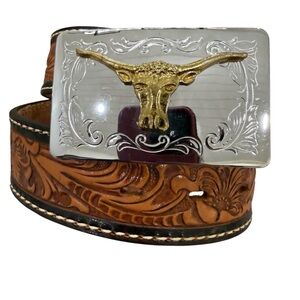 Tony Lama Western Tooled Leather Belt Longhorn Buckle Brown Fits 28-32